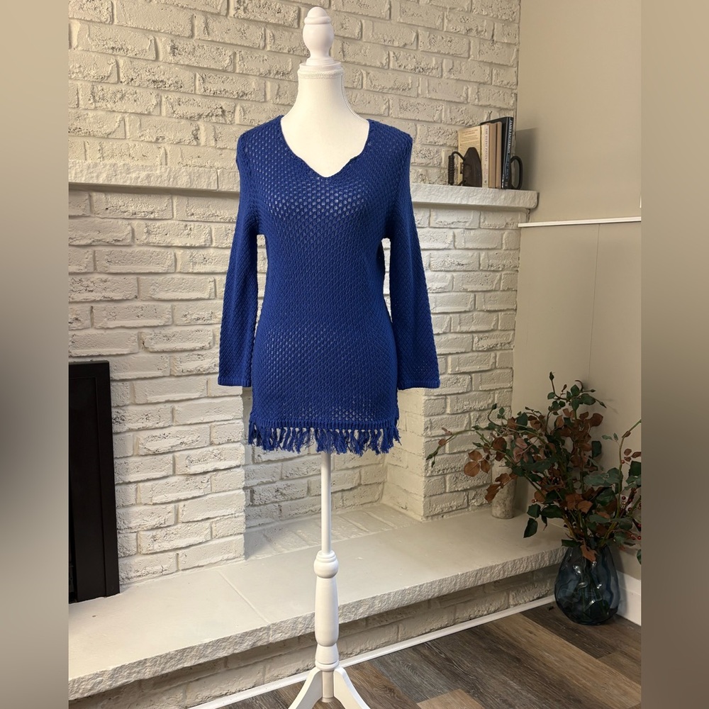NWT Tribal Fashion True Blue Open Knit Fringe Tunic Sweater Small